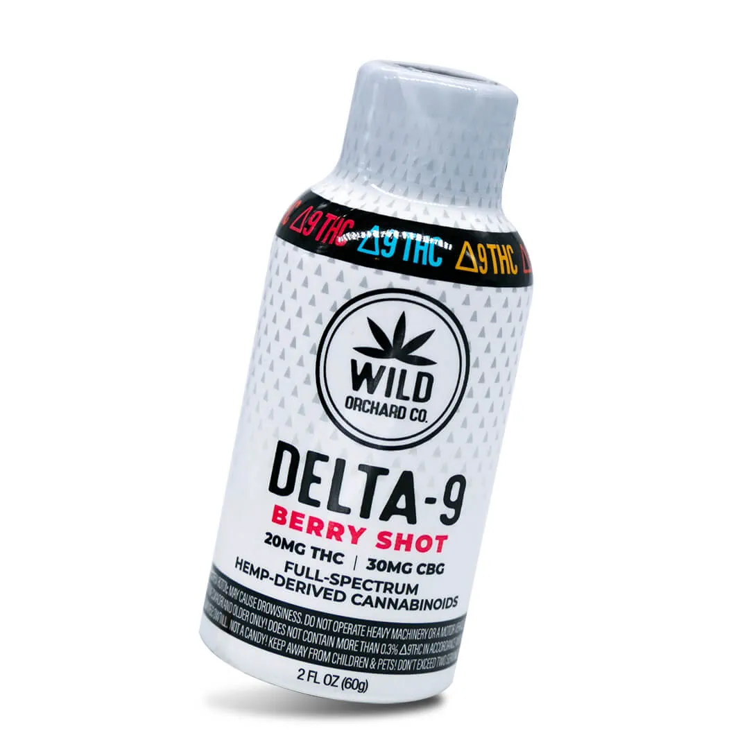 A bottle of Delta 9 2oz Berry Shot on a white background.
