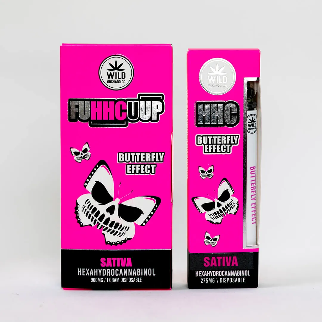 A package with a pink box and a HHC Disposable Vape Pen "Butterfly Effect" 1 Gram.