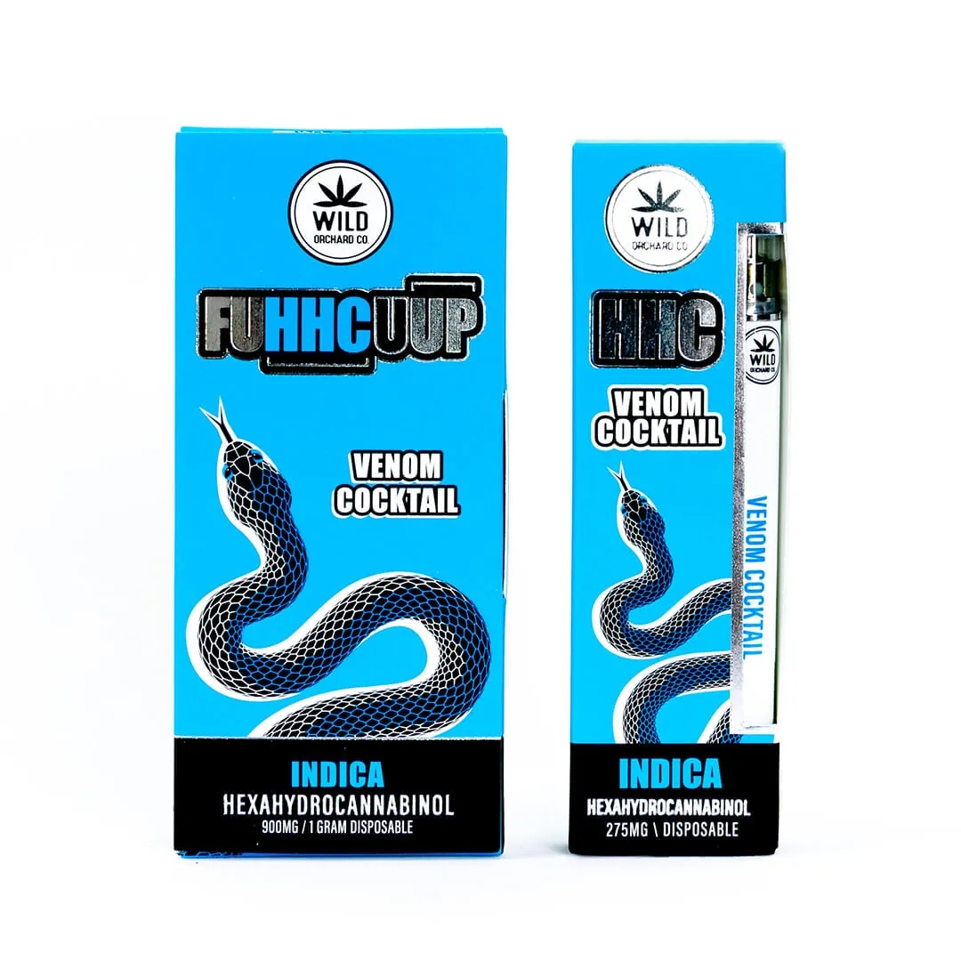 A package of HHC Disposable Vape Pen "Venom cocktail" 1 Gram e-liquid with a snake on it.