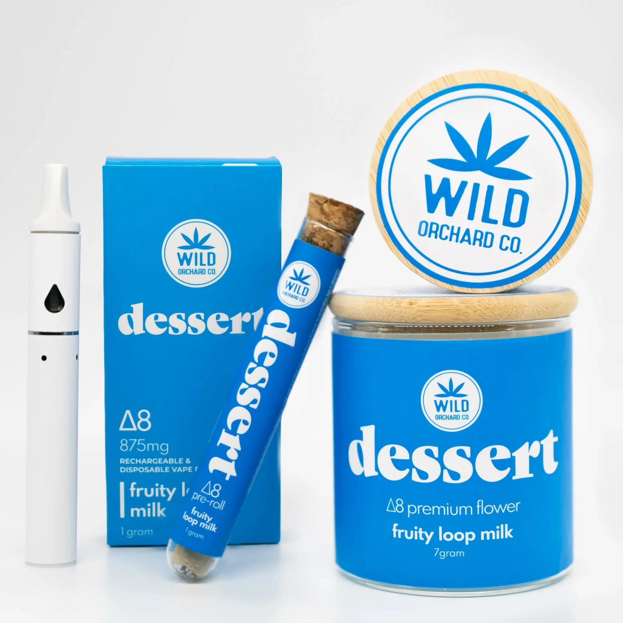 Wild organic Delta 8 Flavored Pre Roll "Fruity Loop Milk" dessert vape kit.