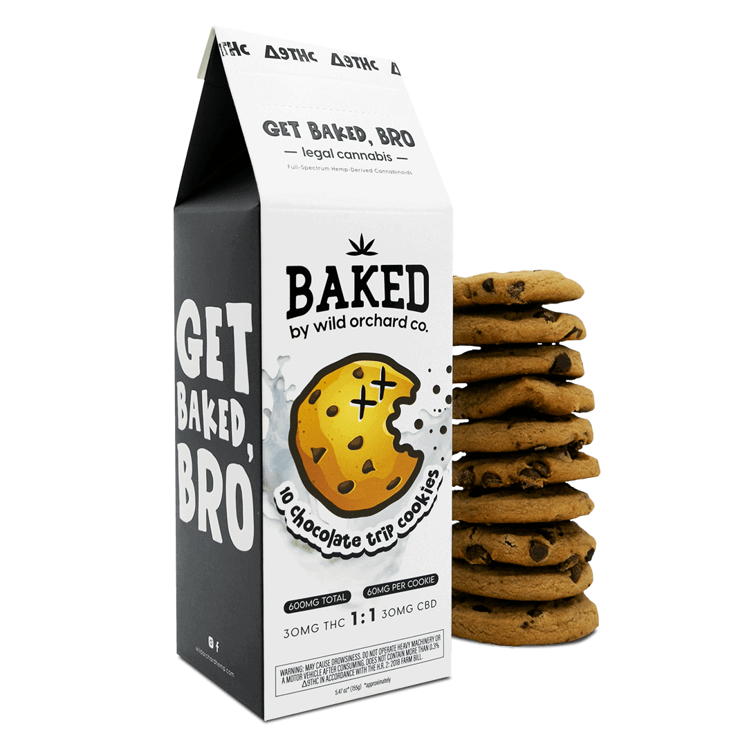 A box of Baked Delta-9 Chocolate Trip Cookies next to a stack of cookies.