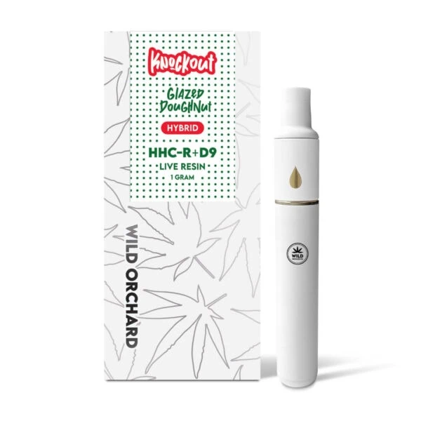 A white box with a Knockout “Strawberry Cough” HHC-R Live Resin Vape 1 Gram in front of it.
