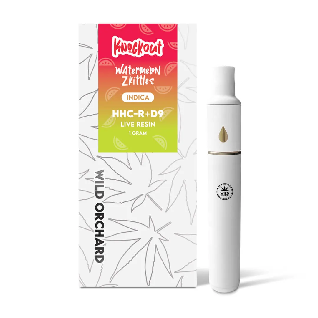 A white box with a Knockout "Strawberry Cough" HHC-R Live Resin Vape 1 Gram and a vaporizer.