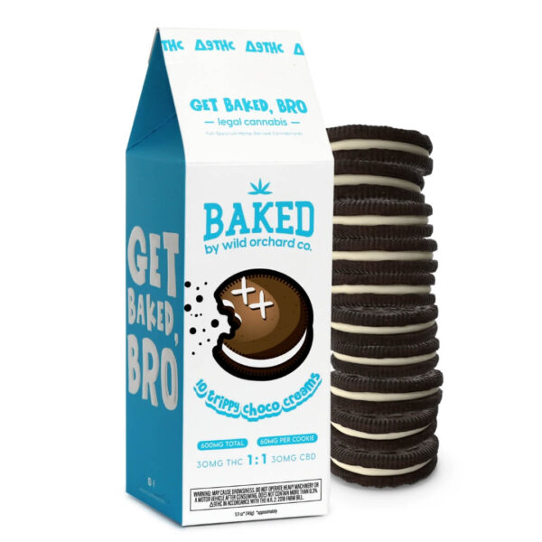 A carton labeled "baked by Wild Orchard Co." with Baked Delta-9 Trippy Choco Creams depicted on the side.