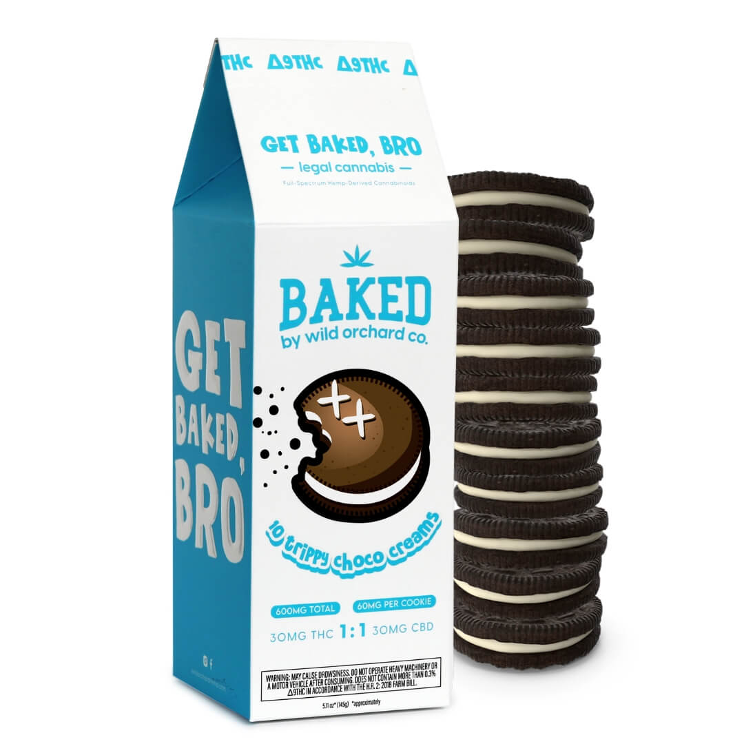 A carton labeled "baked by Wild Orchard Co." with Baked Delta-9 Trippy Choco Creams depicted on the side.