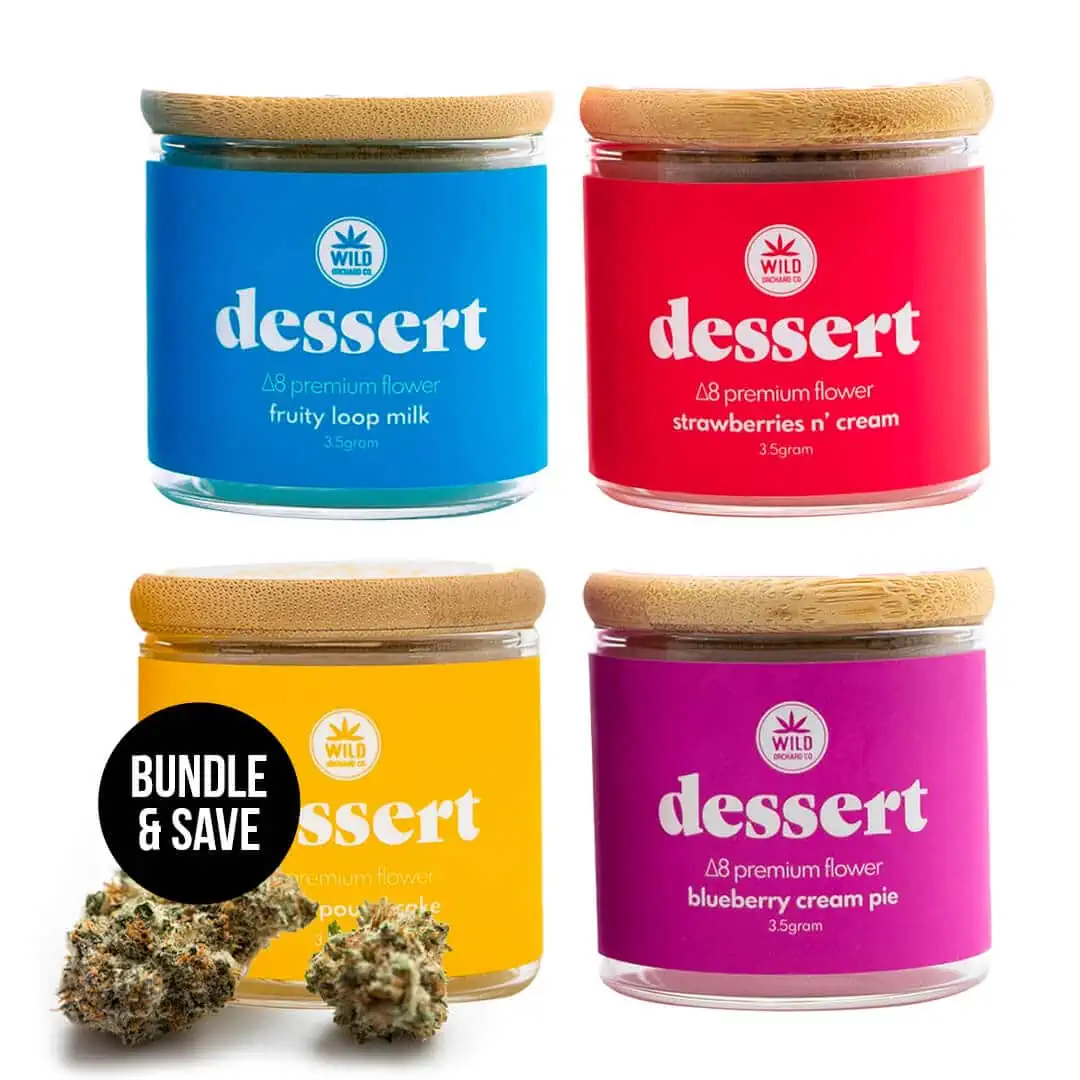 Four jars with the word "Delta 9 & 8 Banged Up Bundle" dessert on them.