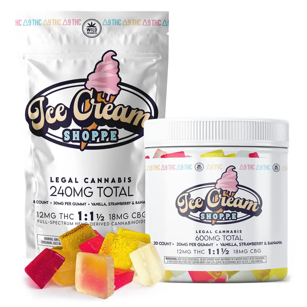 Ice cream cbd gummies and a bag of Delta 9 Gummy bears - Ice Cream Shoppe.