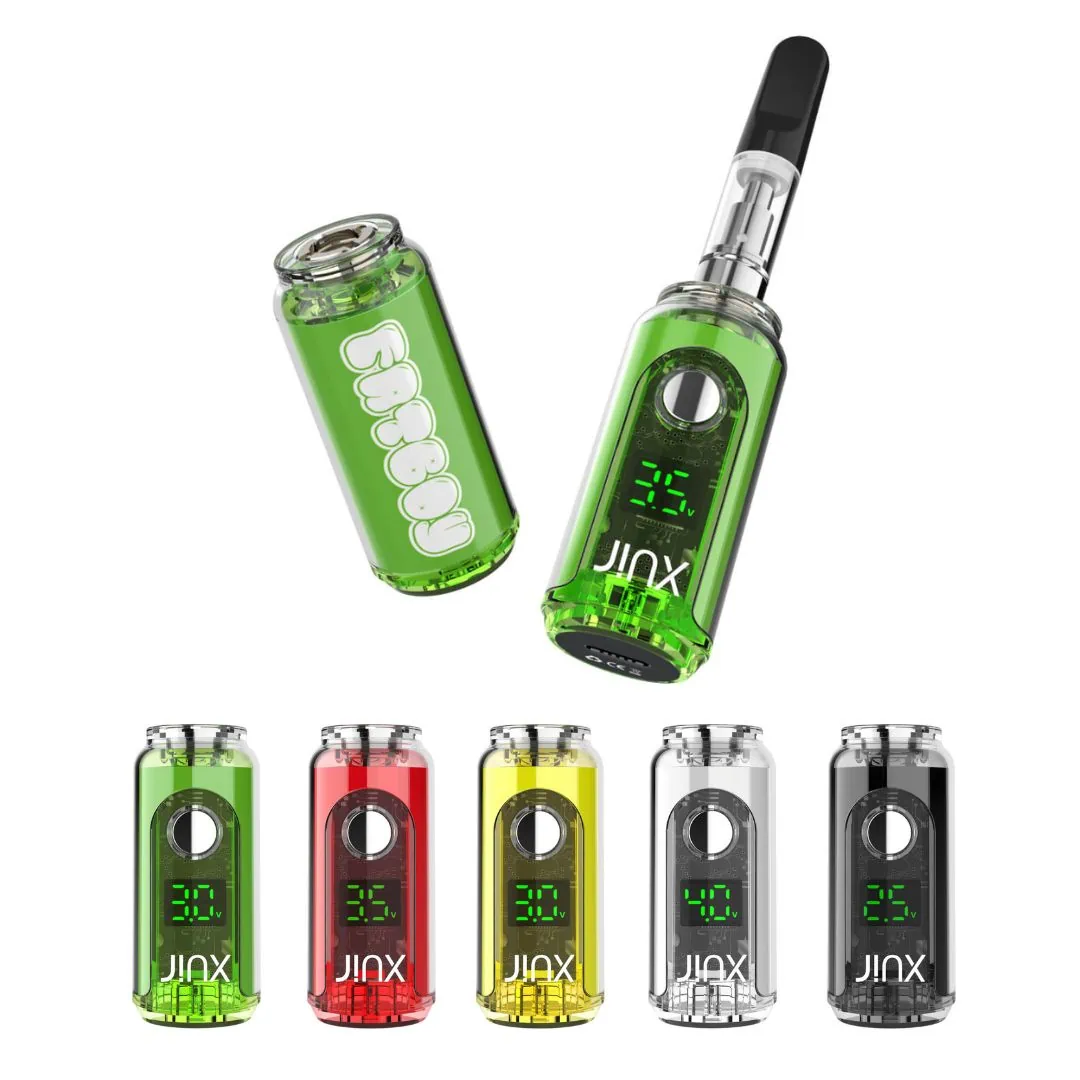 A set of cans with different flavors of vaporizers and a JINX FatBoy 510 Battery.
