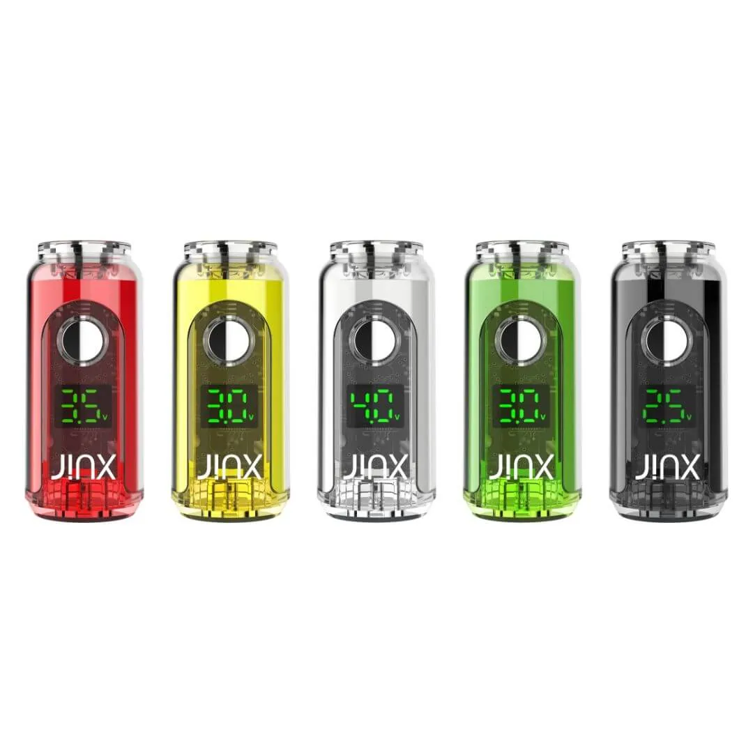 Juxx vape juice cans in different colors with a JINX FatBoy 510 Battery.