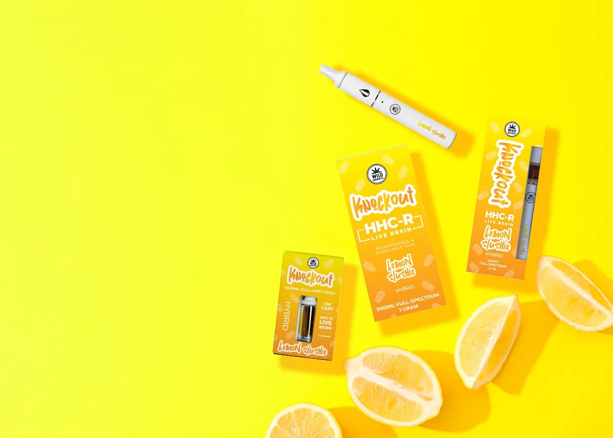 Cbd products and Live Resin HHC-R on a yellow background with lemon slices.