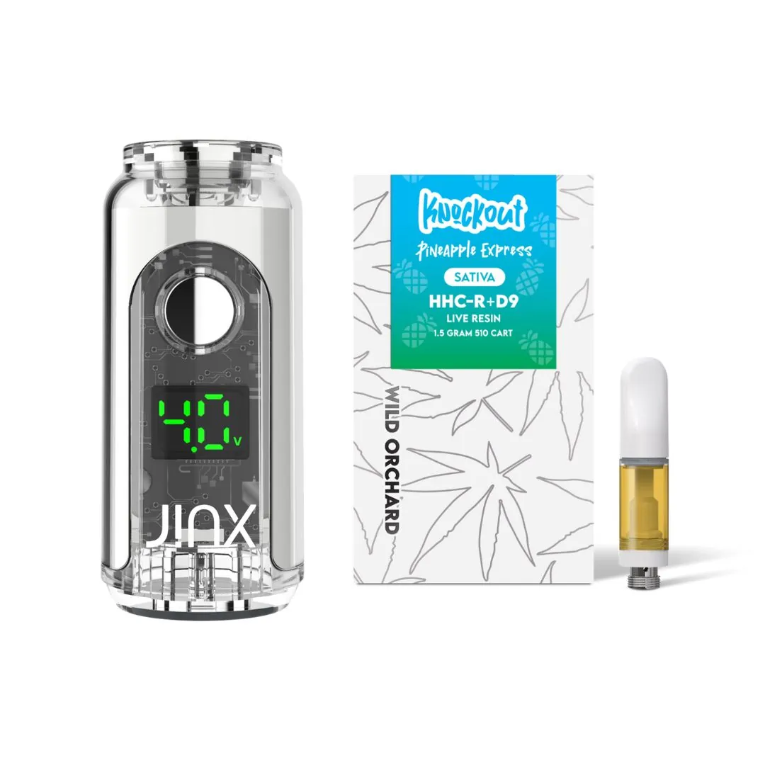 A box with a vaporizer, a pack of cbd oil, and a Knockout 510 Cart.