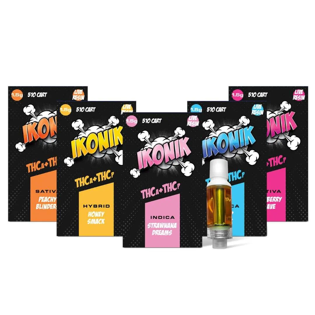 A pack of vape e-cigs with different flavors and IKONIK 4G Vape Live Resin options.