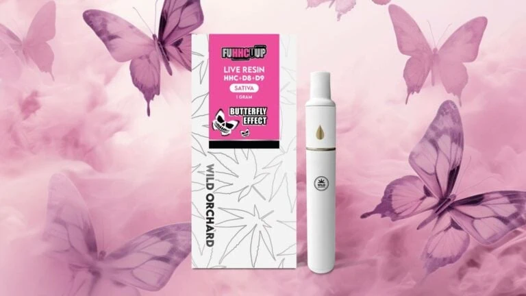 A pink HHC vape pen with butterflies in the background.