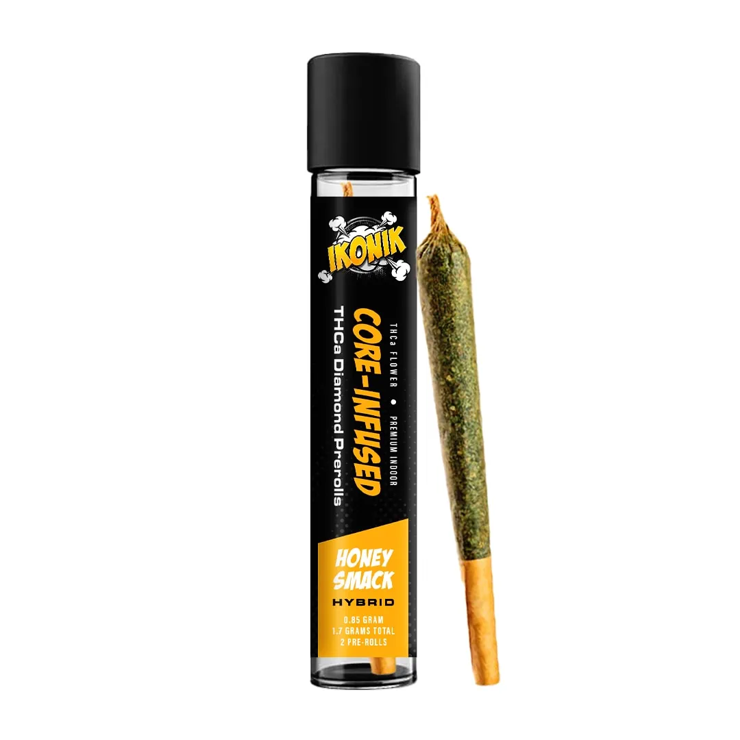 A bottle of Weed with a roll of IKONIK 2ct Core-Infused Pre-Roll on it.