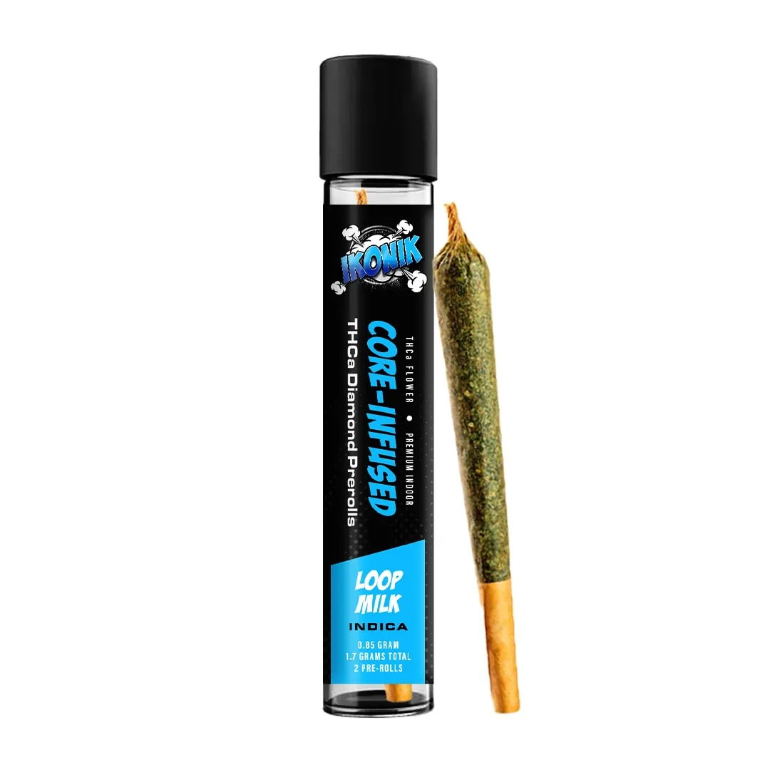 A bottle of cbd oil with an IKONIK 2ct Core-Infused Pre-Roll next to it.