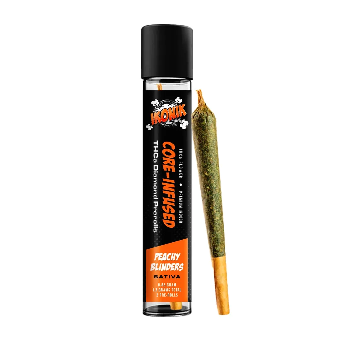 A bottle of IKONIK 2ct Core-Infused Pre-Roll with a green leaf and a stick of weed.