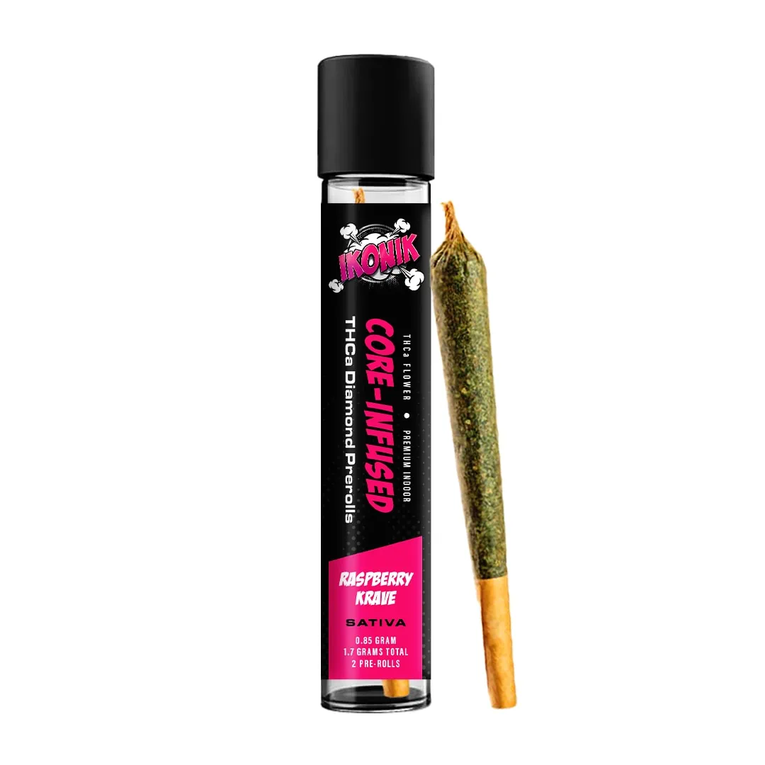 A bottle of IKONIK 2ct Core-Infused Pre-Roll with an ikonik core-infused pre-roll and a stick of weed.