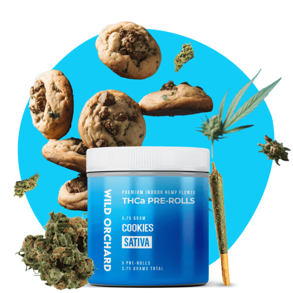 A jar of Delta 8 CBD cookies with a blue background.