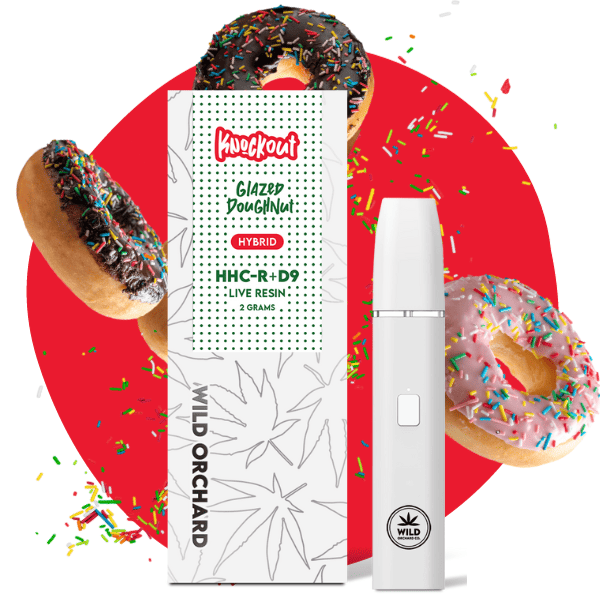 Delta 8 CBD vape pen with donuts and a box.