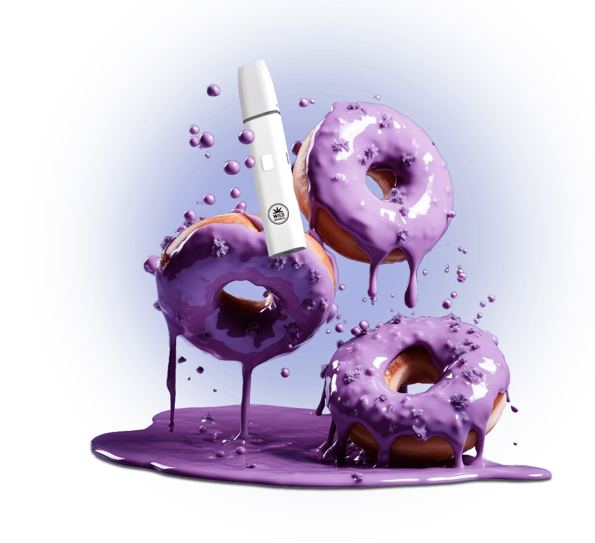 Donuts dipped in Delta 8 purple liquid on a blue background.