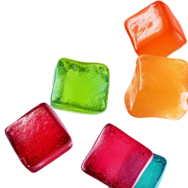 A group of Delta 8 colored gummy cubes on a white background.