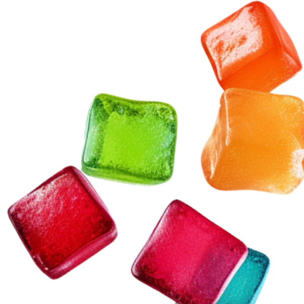 A group of Delta 8 colored gummy cubes on a white background.