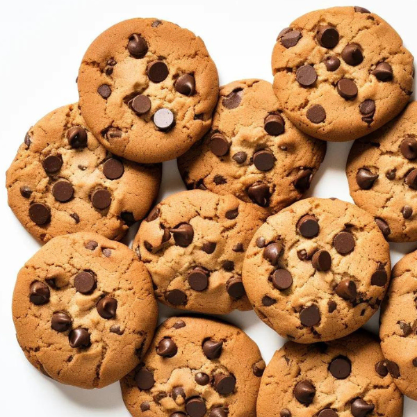 A pile of Delta 8 chocolate chip cookies on a white background.