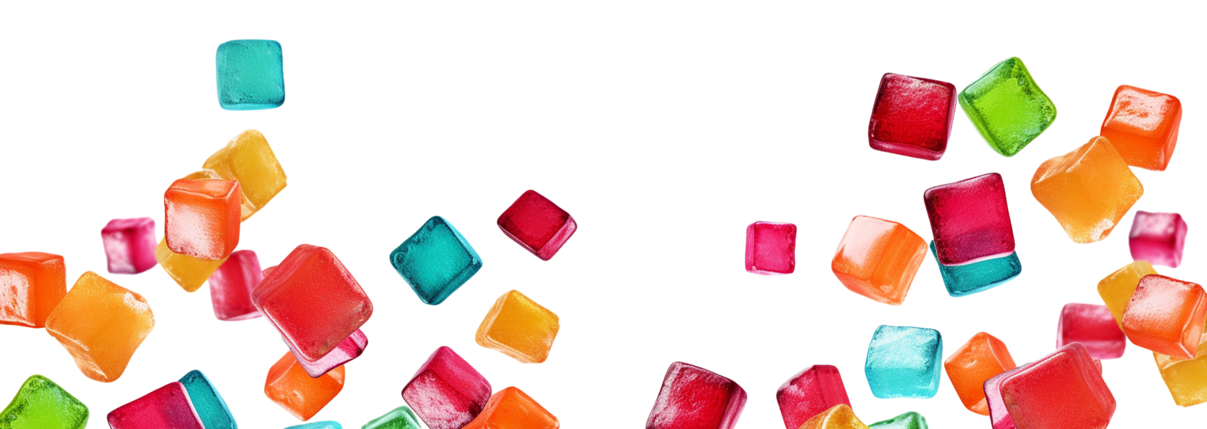 Colorful Delta 8 ice cubes flying in the air.