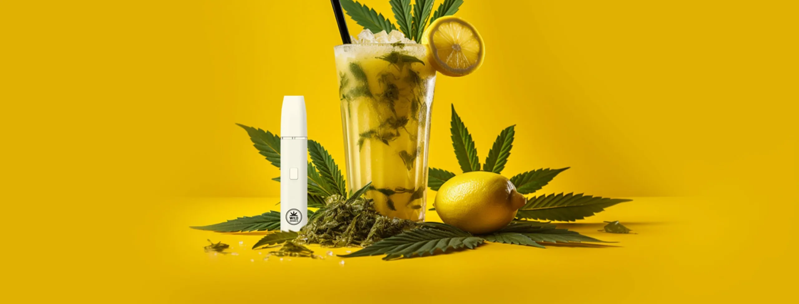 A glass of lemonade with marijuana leaves and a CBD vape pen, frequently featured in our FAQ section where we provide answers to common questions.