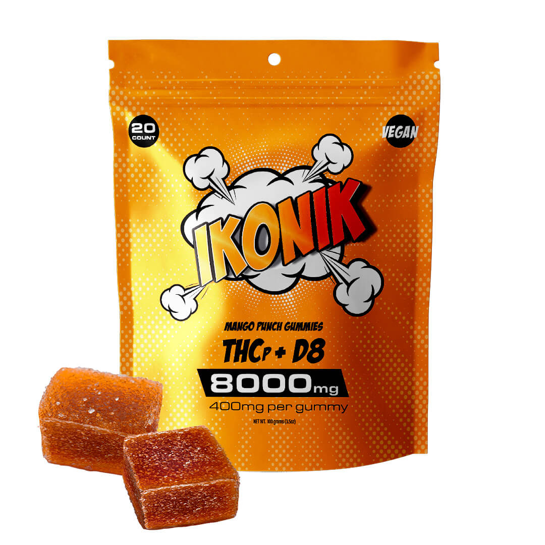 IKONIK Vegan THCp + D8 Gummies in an IKONIK bag.