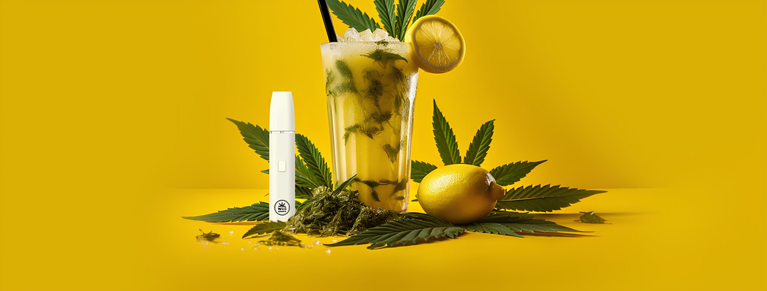 A cannabis-themed still life with a lemon drink, vape pen, and cannabis leaves on a yellow background.