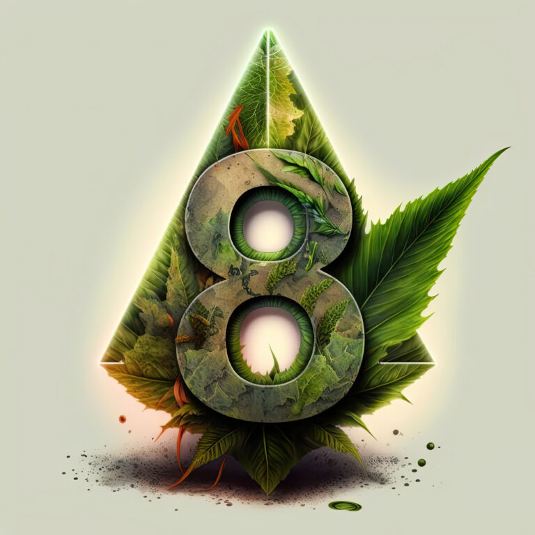 Digital artwork of the number 8 integrated with a green, leafy texture inside a triangle, surrounded by THC-A and Delta 8 foliage and small splashes of paint.
