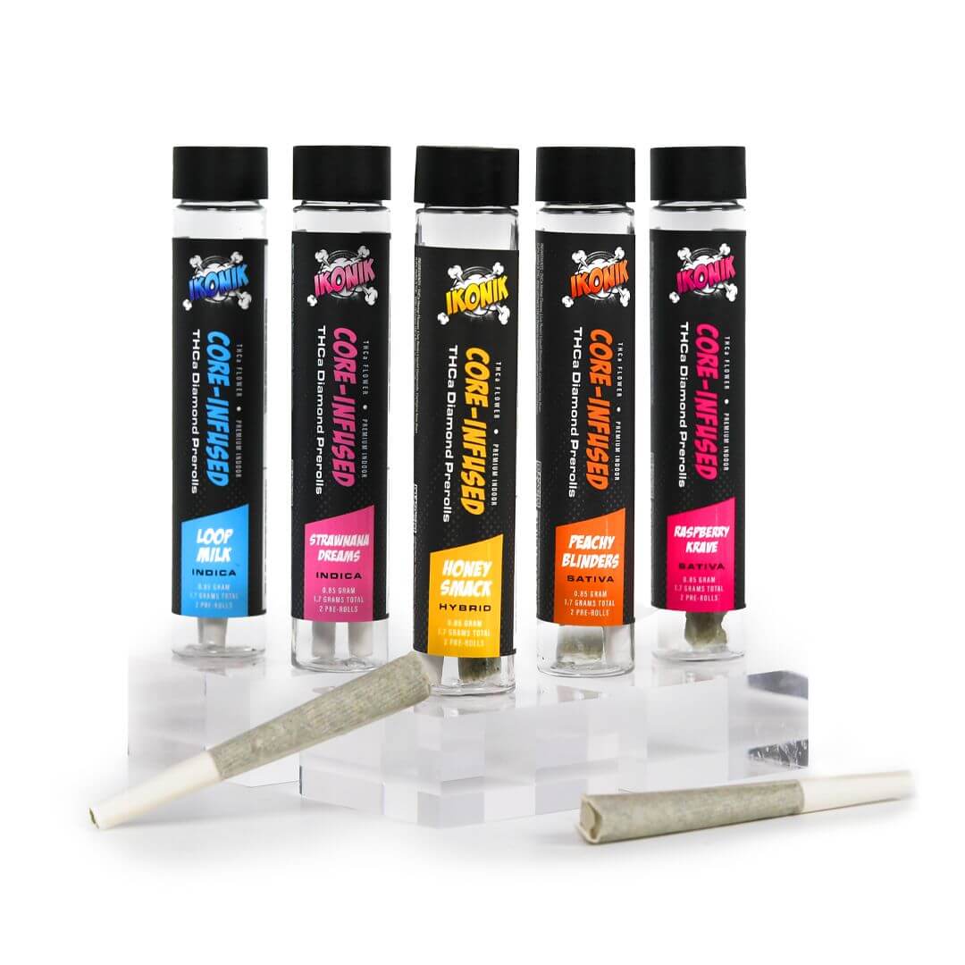 Five labeled IKONIK Pre-Roll Bundle containers with a pre-roll bundle in front, on a reflective white surface.