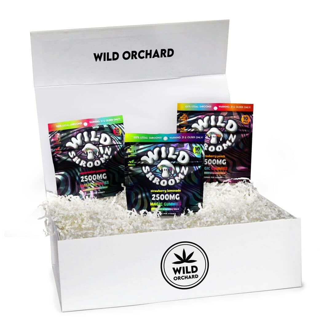 A Wild Shroomz Bundle, including three packets of gummies labeled 2500mg, arranged in white packaging material.